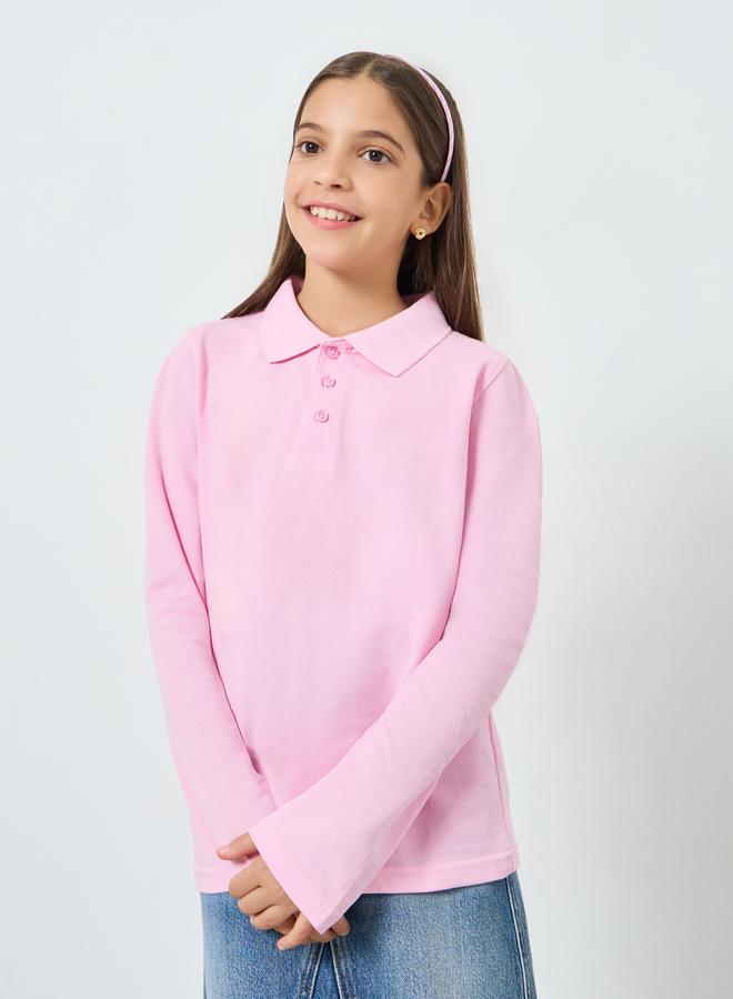 Styli Girls Light Pink Cotton Long Sleeve Polo T-Shirt - Image 3